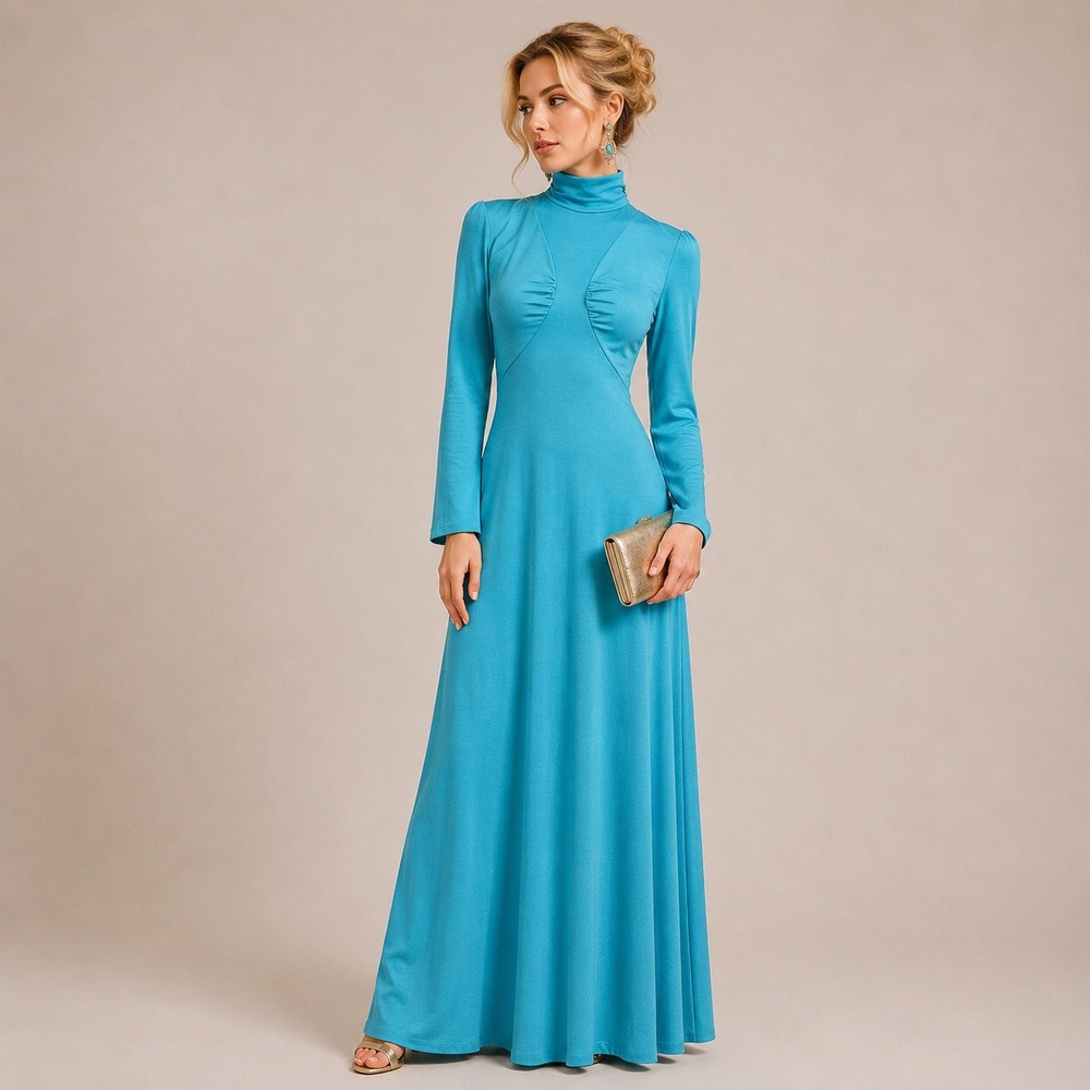 Vintage 60s 70s does Art‎ Deco turquoise blue long sleeve maxi dress 10 or small